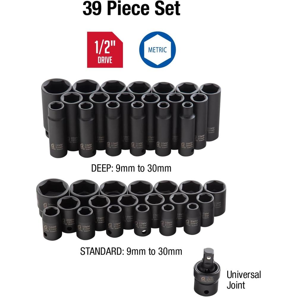 Sunex 2669, 1/2 Inch Drive Master Impact Socket Set, 39-Piece, 9mm-30mm, Standard/Deep, Cr-Mo Steel, Radius Corner Design, Dual Size Markings, Heavy Duty Storage Case