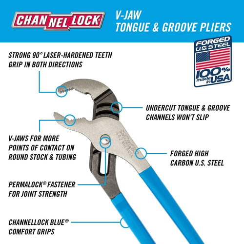 Pince à rainure et languette Channellock 442 | Pince à joint à rainure en V de 30,5 cm pour tubes ronds | Dents à 90° traitées thermiquement au laser | Forgé à partir d'acier à haute teneur en carbone | Fabriqué aux États-Unis