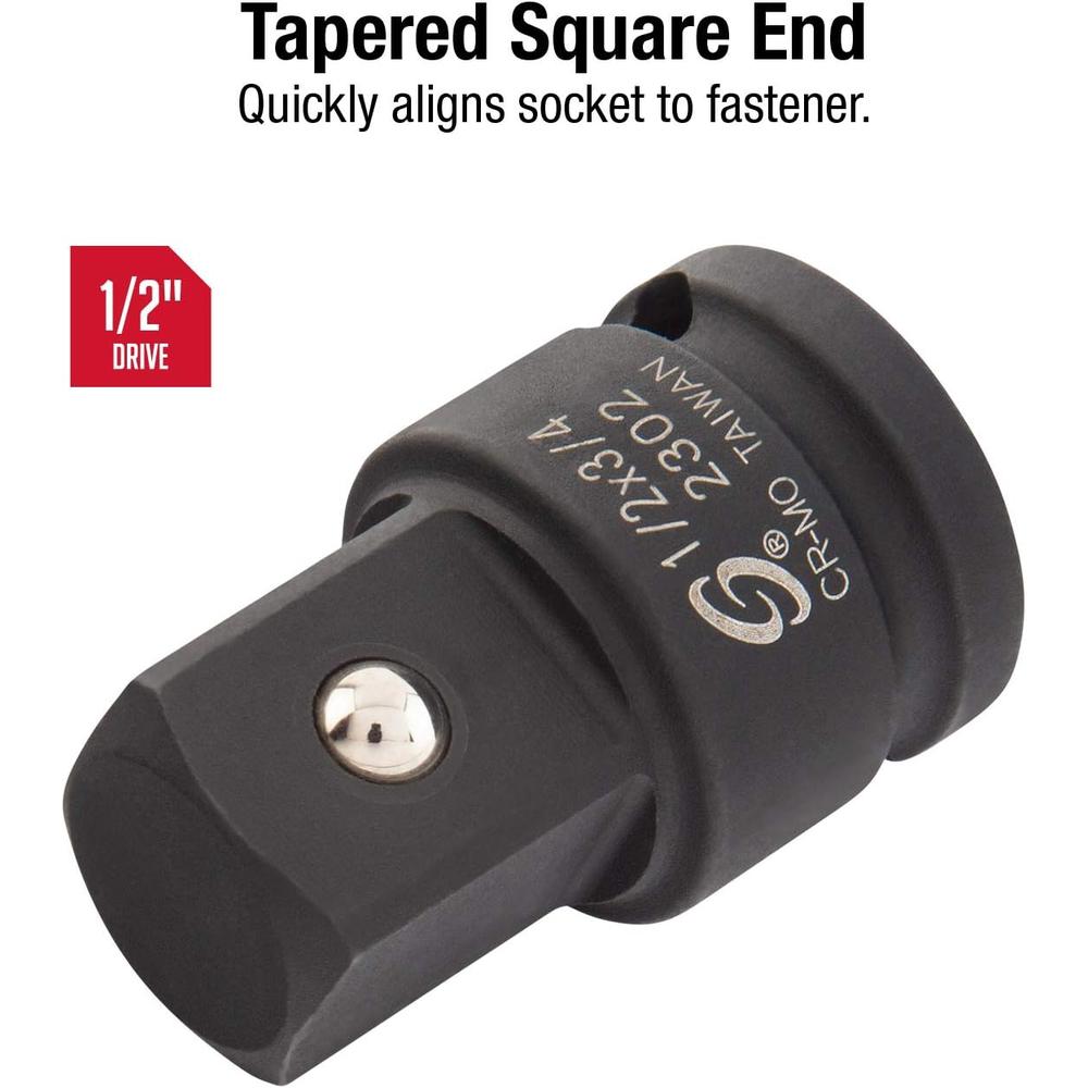 Sunex Tools 2302, 1/2 Inch Drive, 1/2" Female x 3/4" Male Impact Adapter, Cr-Mo Steel, Ball Detent, Tapered Square End, Meets ANSI Standards