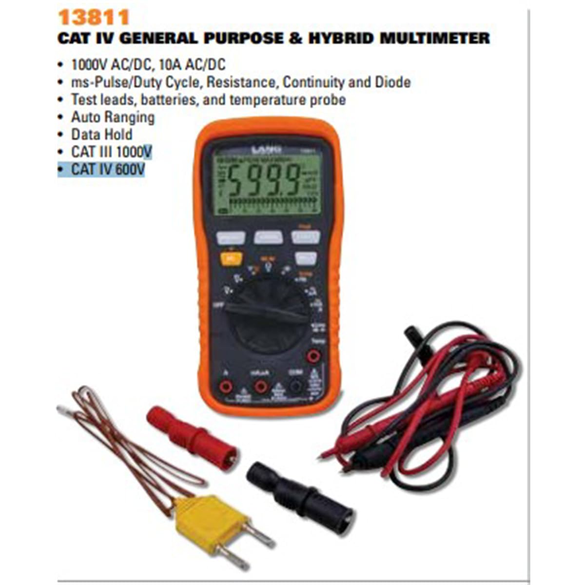 Lang Tools 13811 CAT IV MULTIMETER, CAT III 1000V AC/DC, CAT IV 600V, 10A AC/DC
