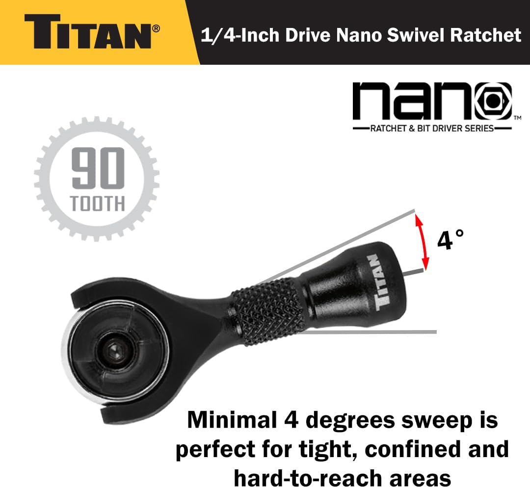Titan Tools 11330 2-1/4" Long, 1/4" Dr. Reversible Nano Swivel Ratchet, 90-Tooth, 250-Degree Swivel Head