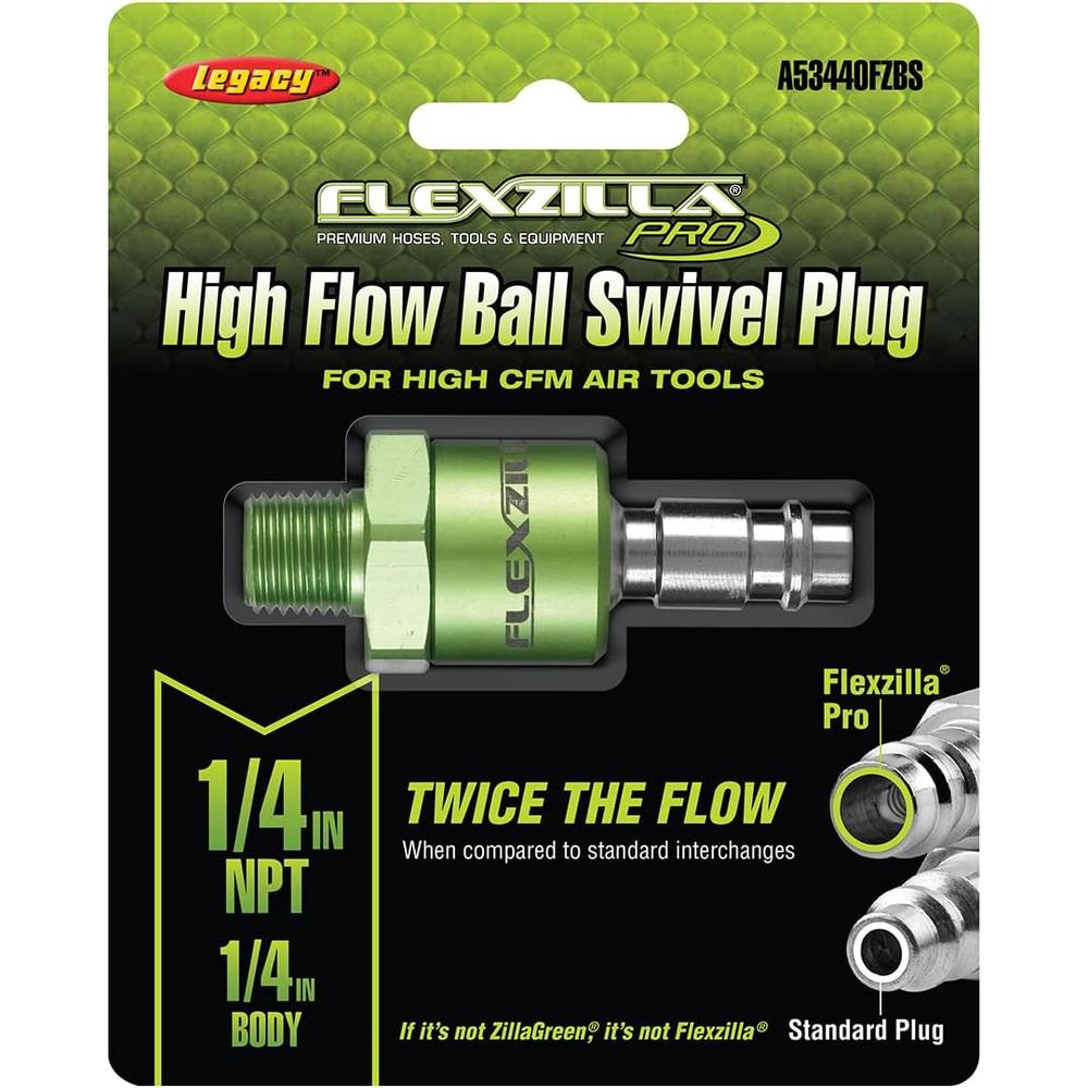 Legacy Manufacturing A53440FZBS Flexzilla Pro High Flow Ball Swivel Plug, 1/4" MNPT, 1/4" Body