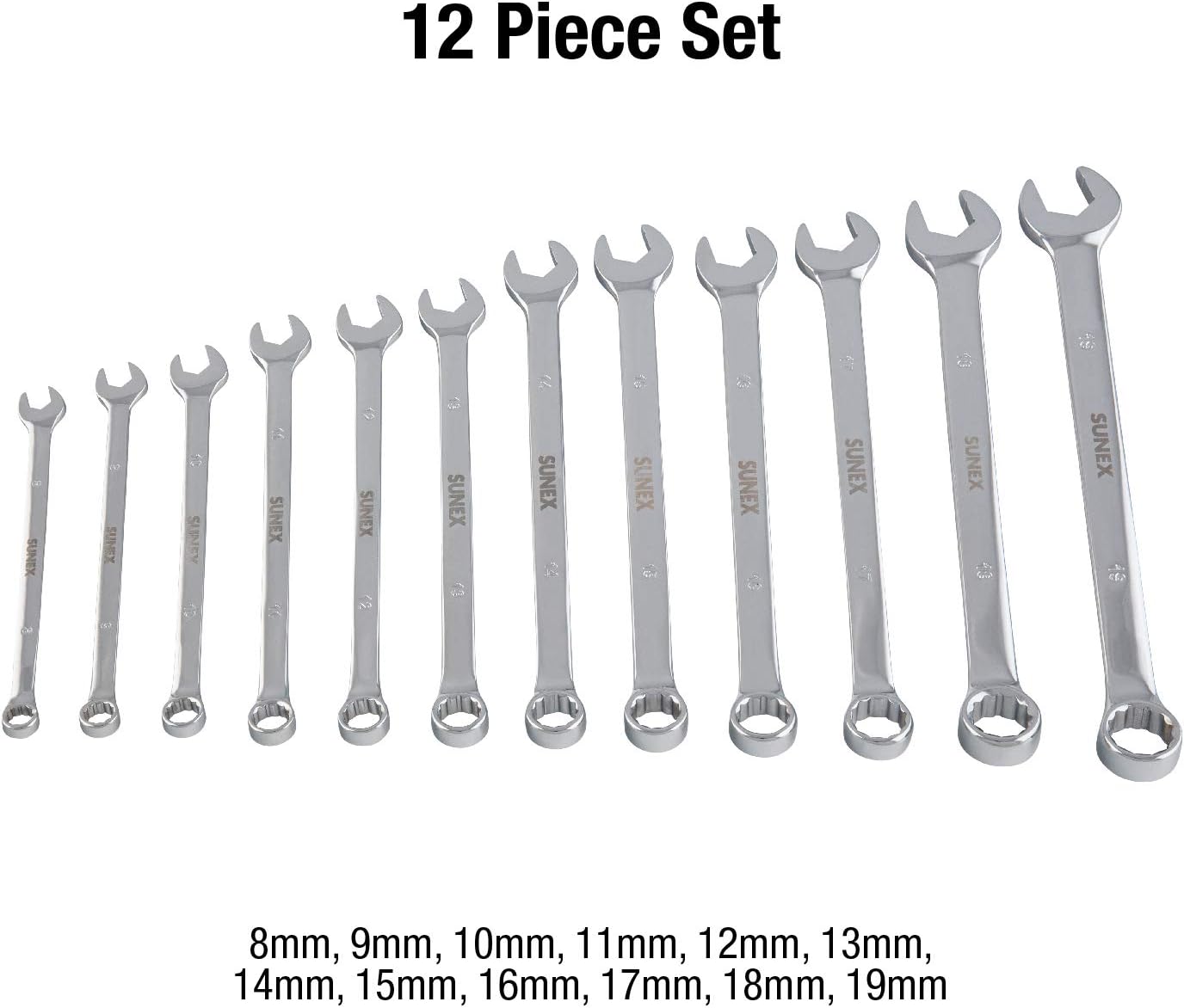 Sunex Tools 9917MA Metric V-Groove Combination Wrench Set, 8mm - 19mm, Fully Polished, 12-Piece (Includes Roll-Case)