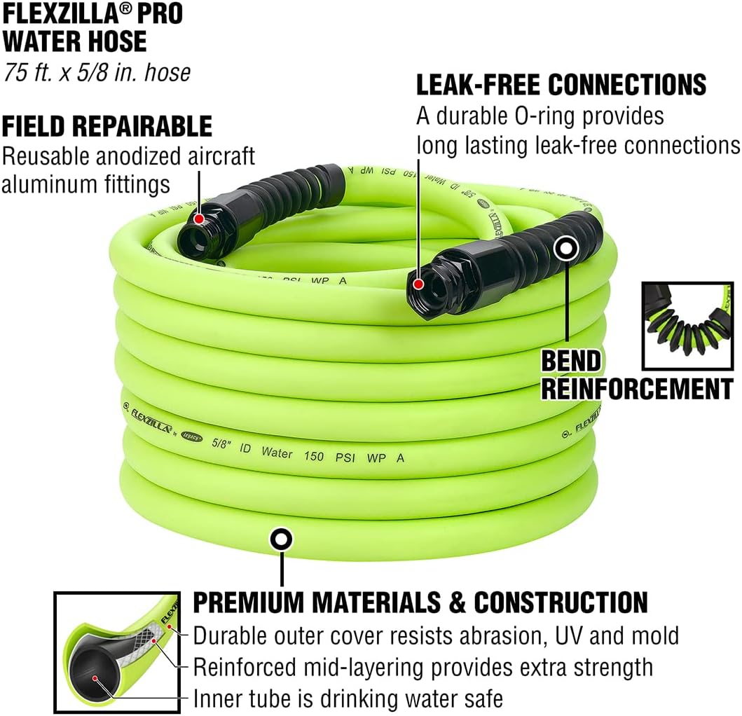 Flexzilla Pro Water Hose with Reusable Fittings. 5/8 in. x 75 ft.. Heavy Duty. Lightweight. Drinking Water Safe  - HFZWP575