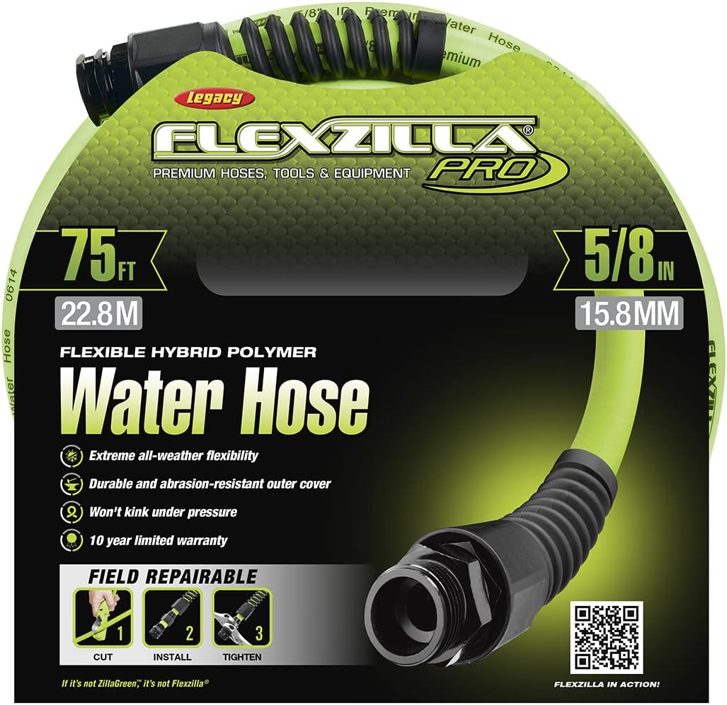 Flexzilla Pro Water Hose with Reusable Fittings. 5/8 in. x 75 ft.. Heavy Duty. Lightweight. Drinking Water Safe  - HFZWP575