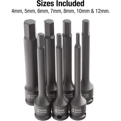 Sunex 3548 3/8" Drive Extended Length Metric Impact Hex Driver Set. 7-Piece