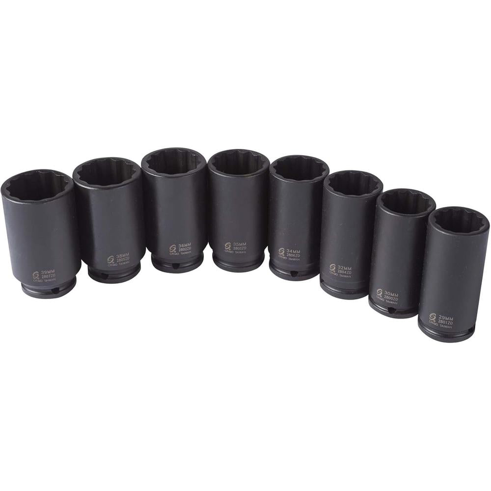 Sunex Tools 2835 Jeu de douilles à chocs pour écrou de broche profond, 1/2 po, métrique, standard, 12 pans, Cr-Mo, 29 mm - 39 mm, 8 pièces