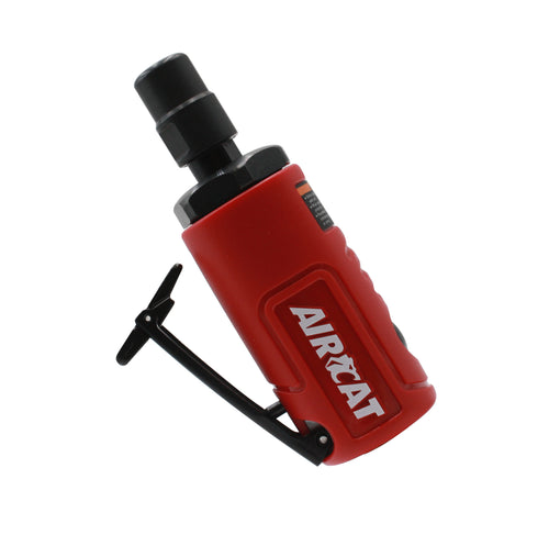 Aircat 6205 0.3 HP Mini Straight Die Grinder 1/4 In. - red composite overmold body with safety lock-off trigger and rear exhaust