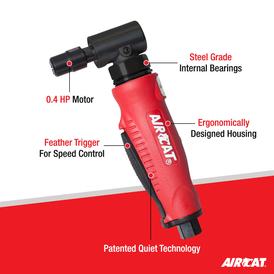Aircat 6255 Die Grinder Feature Diagram - Patented Quiet Technology, Ergonomic Housing, Feather Trigger, Steel Grade Internal Bearings
