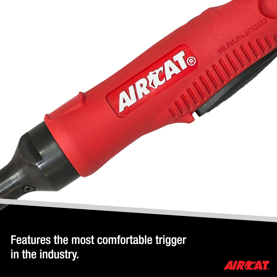 Aircat 6270 Die Grinder ergonomic grip close-up with most comfortable trigger in the industry callout