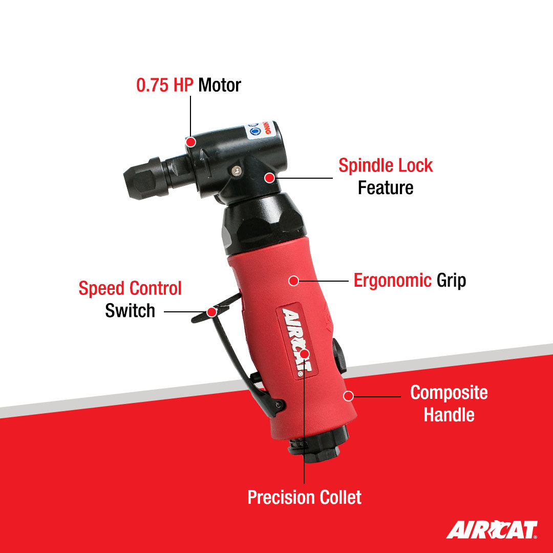 Aircat 6280 Right Angle Die Grinder - labeled feature callout diagram showing motor, spindle lock, speed control, ergonomic grip, precision collet, composite handle