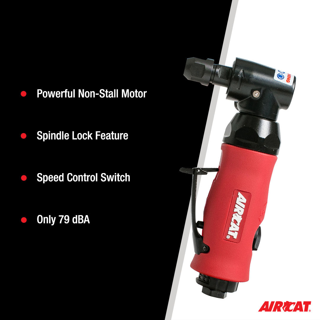 Aircat 6280 Right Angle Die Grinder - feature highlights infographic: non-stall motor, spindle lock, speed control, 79 dBA