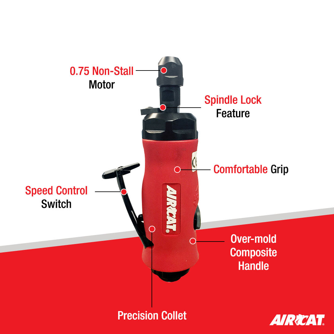 Aircat 6290 Die Grinder callout diagram showing Precision Collet, Spindle Lock, Speed Control Switch, Comfortable Grip, Over-mold Composite Handle