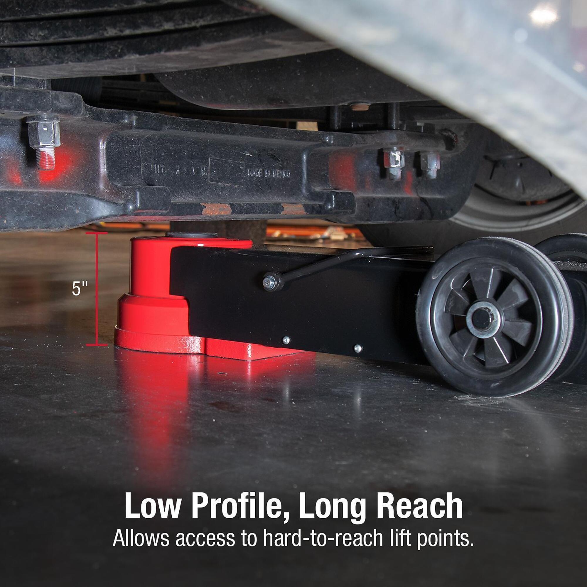 Sunex 6855 low profile long reach truck jack positioned under vehicle at 5-inch clearance