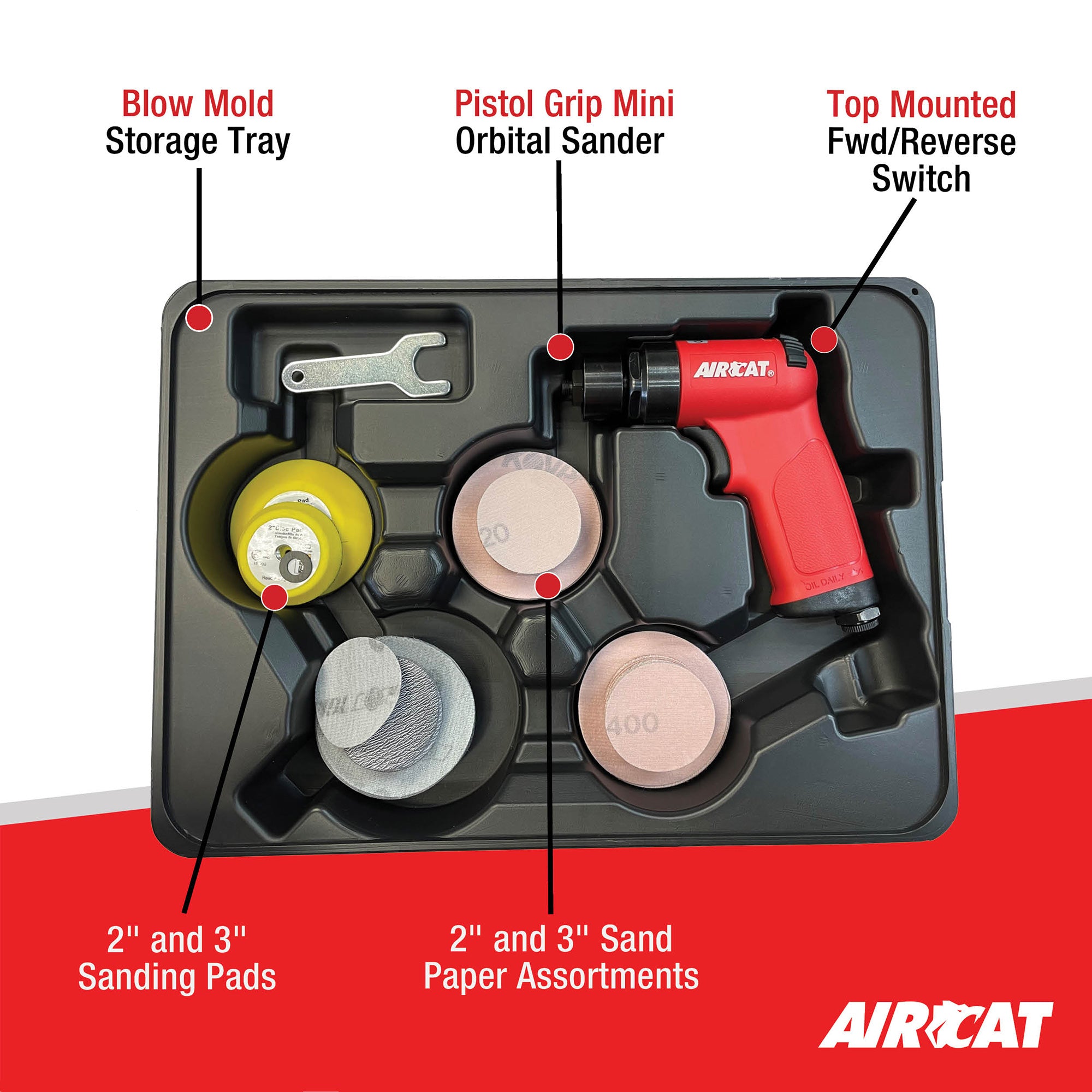 Aircat 6315-K Kit contents including blow mold tray, pistol grip sander, 2" and 3" sanding pads, and sandpaper assortment