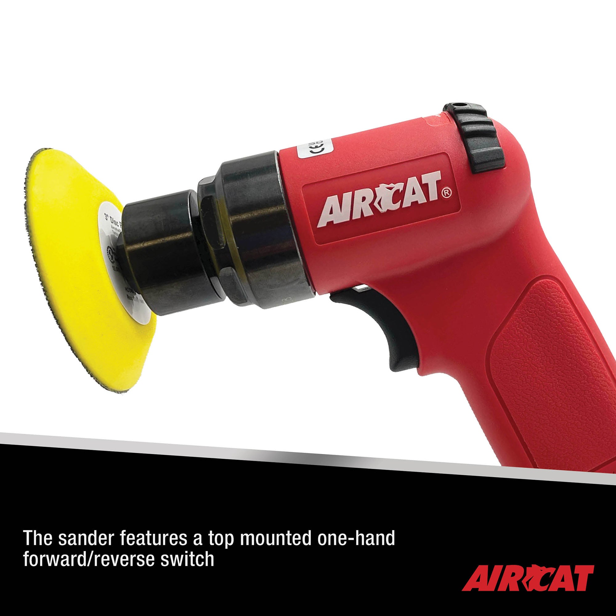 Aircat 6315-K Mini Orbital Sander close-up showing top-mounted forward/reverse switch