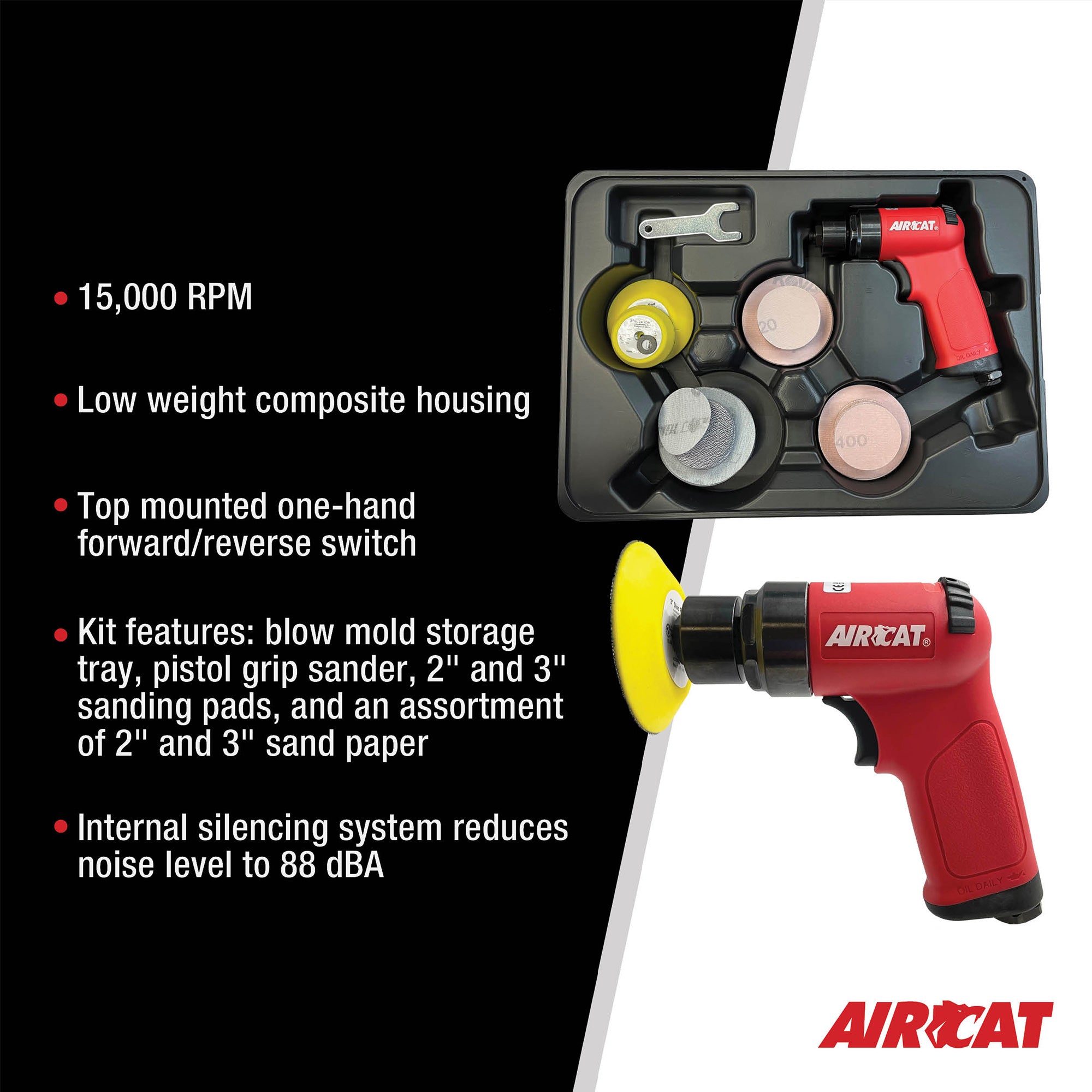 Aircat 6315-K Mini Orbital Sander Kit feature highlights including 15,000 RPM and internal silencing system