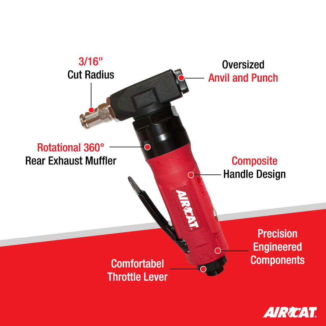 Aircat 6330 Air Nibbler feature callout infographic - 3/16 cut radius, oversized anvil and punch, 360 degree rear exhaust muffler, composite handle