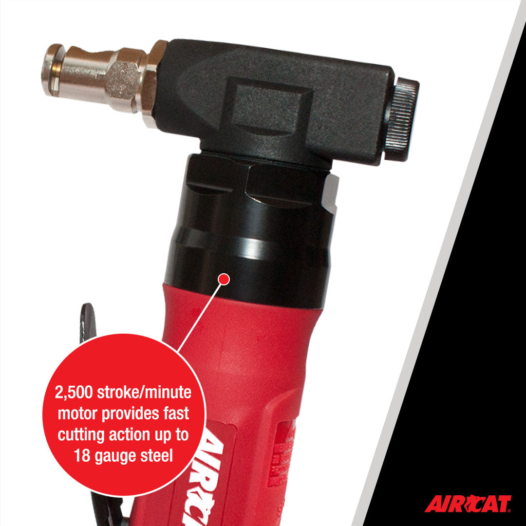 Aircat 6330 Air Nibbler head close-up callout showing 2500 strokes per minute motor for 18 gauge steel cutting