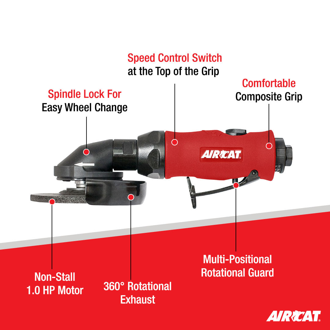 Aircat 6340-A Angle Grinder - feature callout diagram: spindle lock, speed control switch, composite grip, multi-positional rotational guard, 360 degree exhaust, 1.0 HP motor