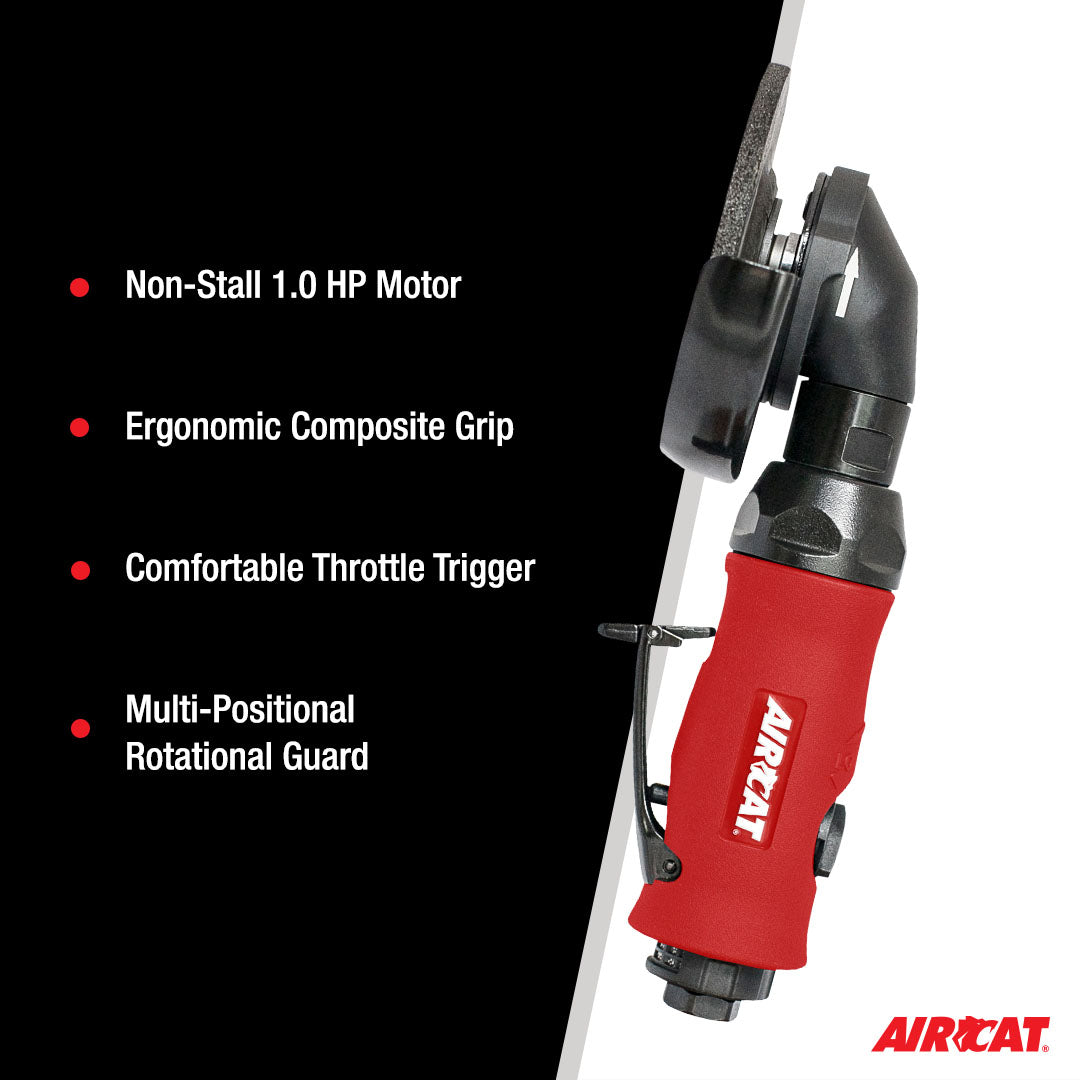 Aircat 6340-A Angle Grinder - feature highlights: non-stall 1.0 HP motor, ergonomic grip, throttle trigger, multi-positional rotational guard