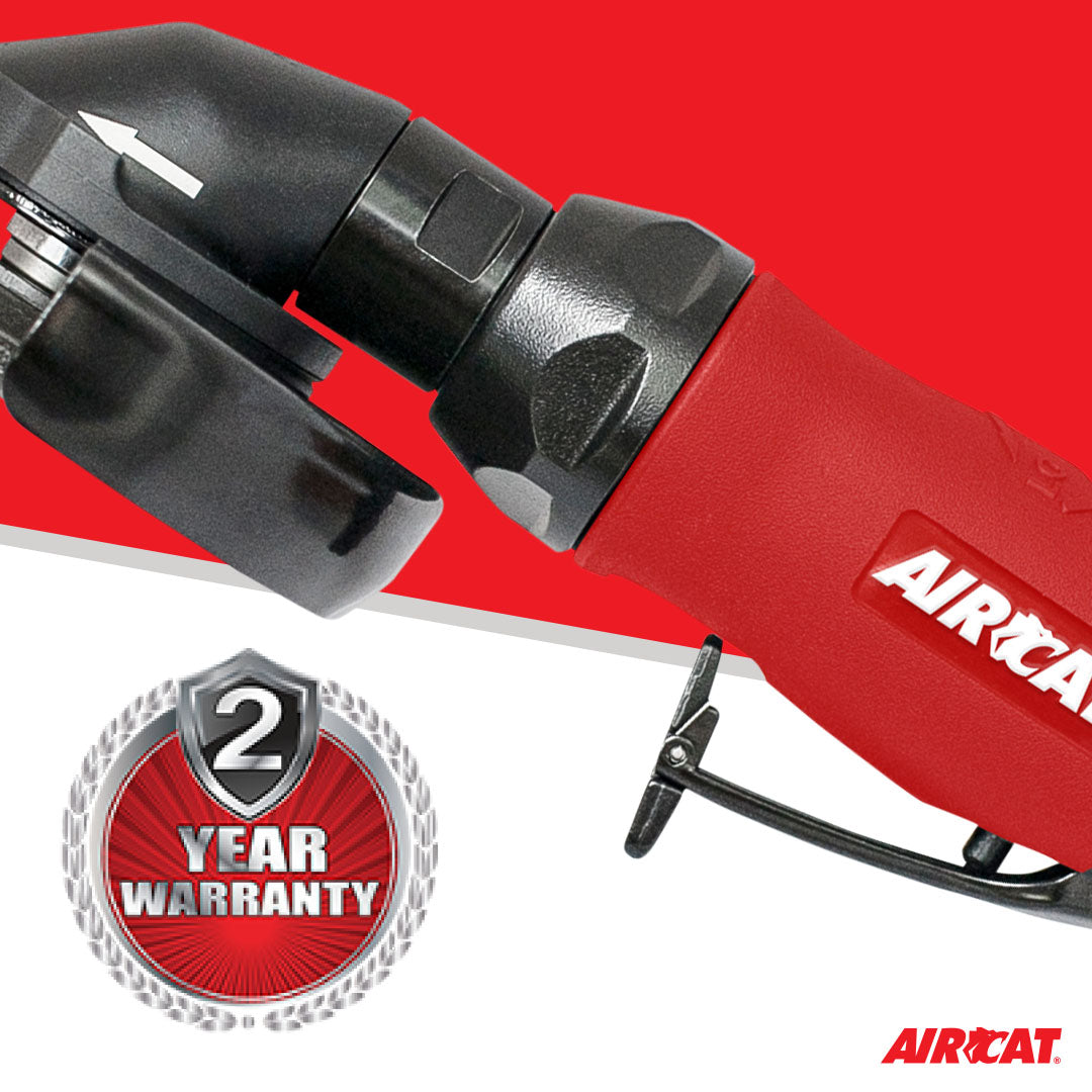 Aircat 6340-A Angle Grinder - spindle lock close-up with 2-year warranty badge