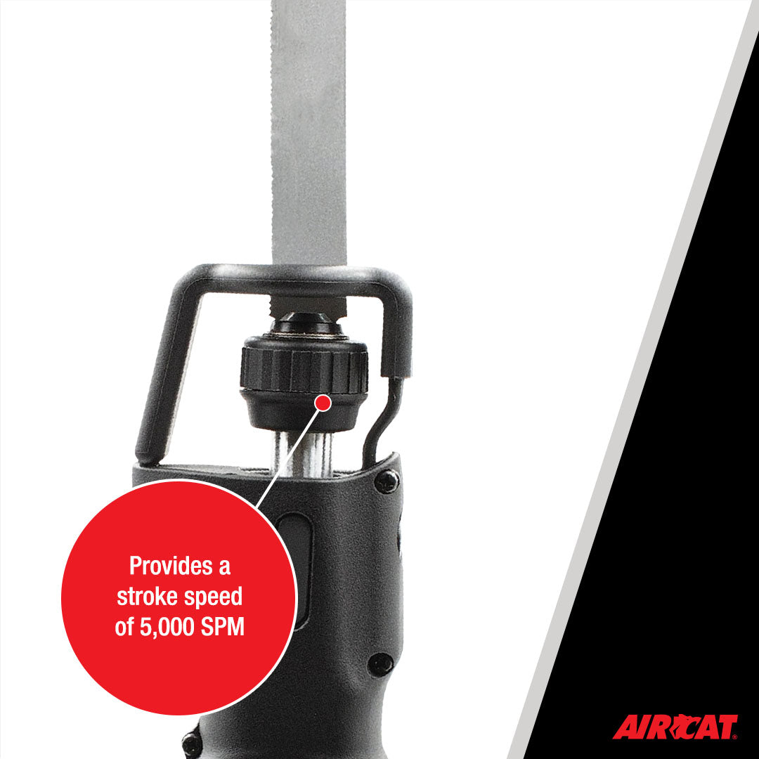 Aircat 6355-A close-up highlighting 5,000 SPM stroke speed at quick-change blade retainer
