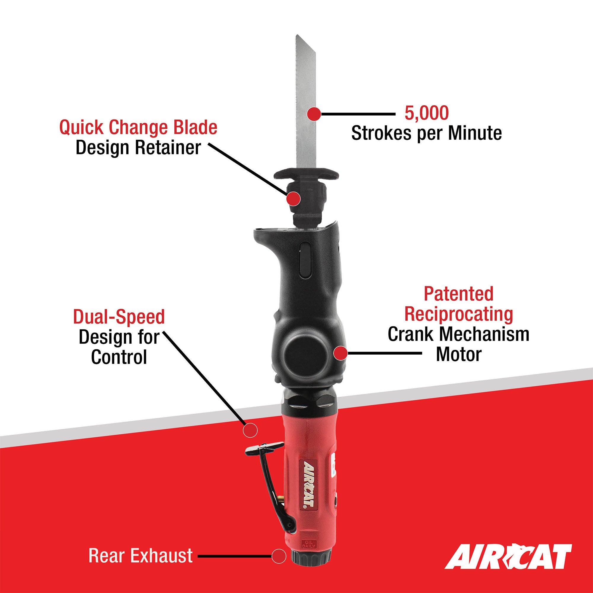 Aircat 6355-A feature callout diagram showing quick-change blade, dual-speed design, 5000 SPM, and rear exhaust