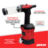 Aircat 6410 Air Hydraulic Riveter - feature callout showing 2000 lb pull force, on/off switch for patented mandrel vacuum collection, easy adjustable head and nut, swivel air inlet