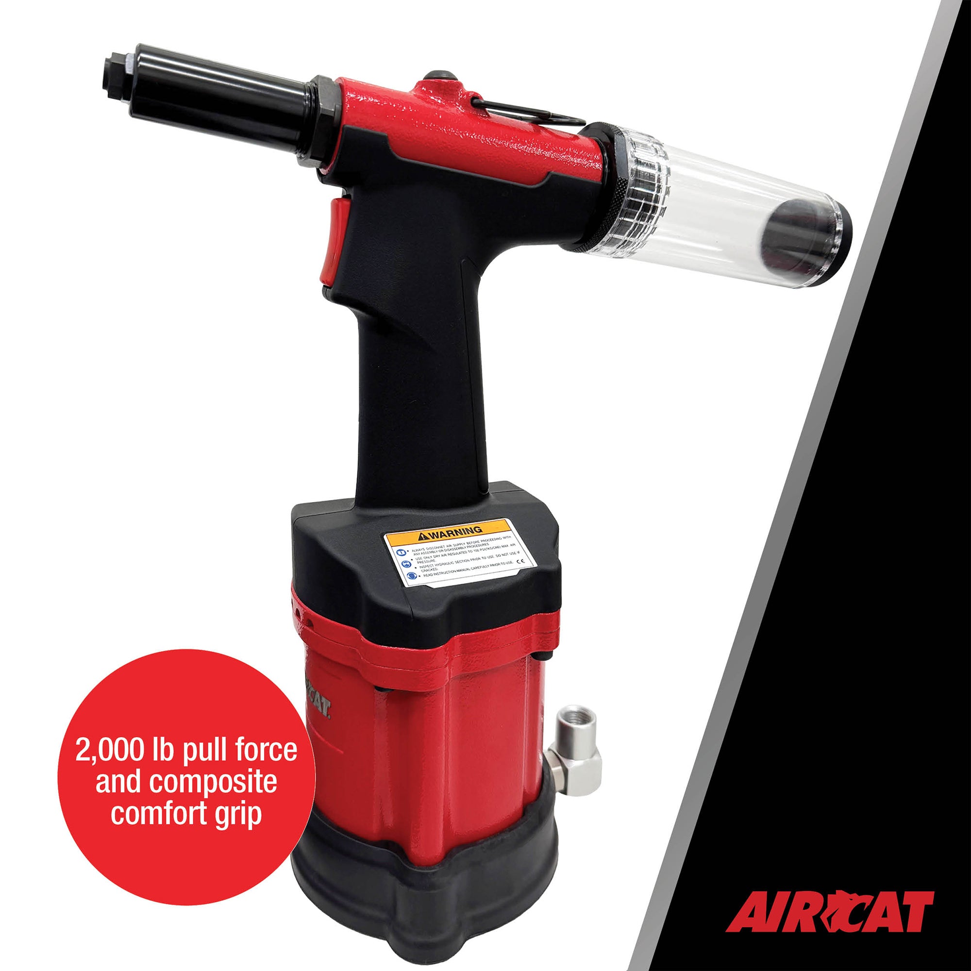 Aircat 6410 Air Hydraulic Riveter - angled view highlighting 2000 lb pull force and composite comfort grip