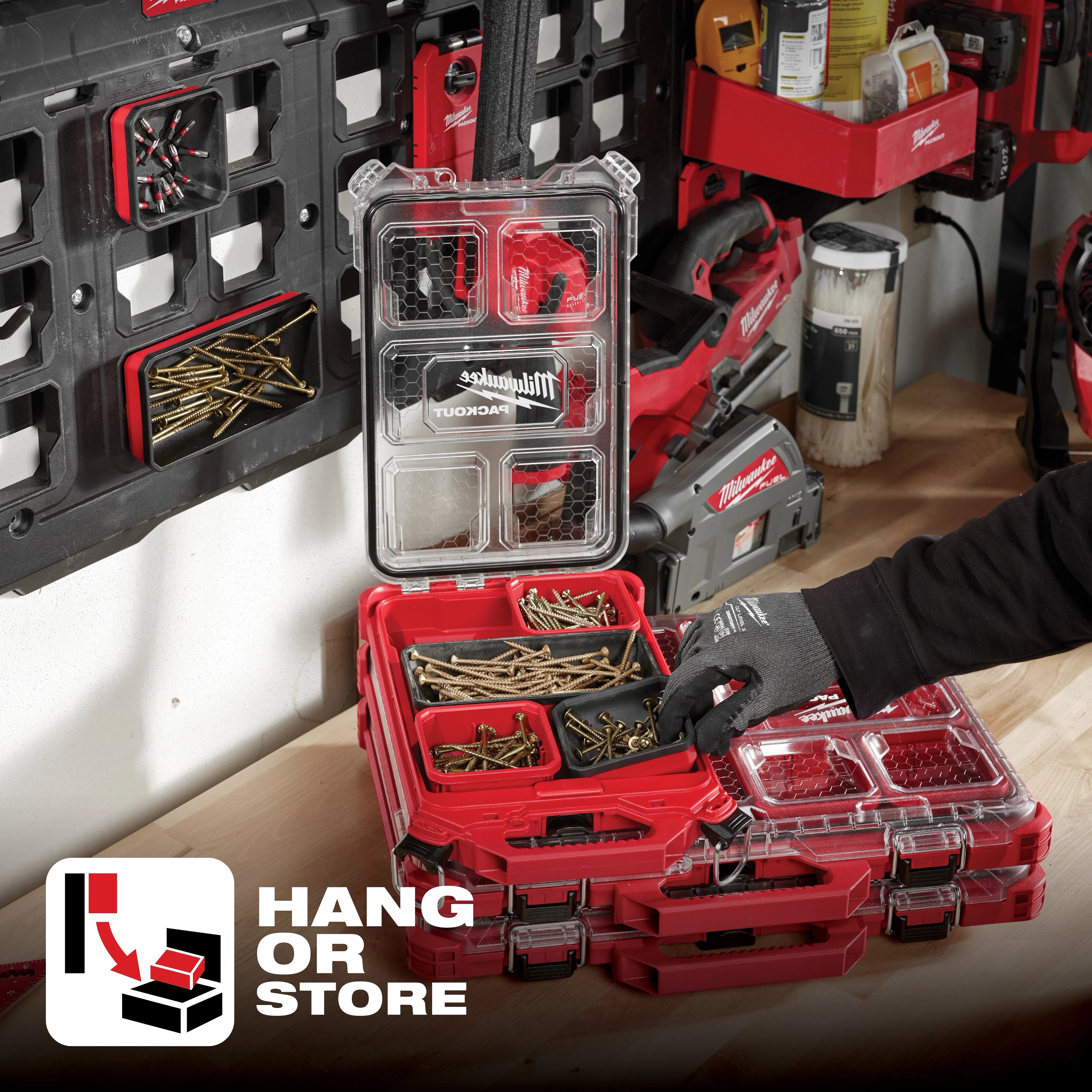 Milwaukee Tool PACKOUT Magnetic Bin mounted on PACKOUT Wall Plate