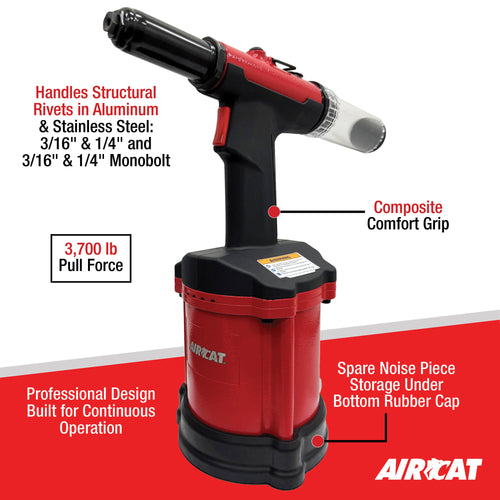 Aircat Air Hydraulic Riveter - feature callout infographic showing composite comfort grip, spare nose piece storage, and professional design