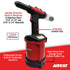 Aircat Air Hydraulic Riveter - feature callout infographic showing composite comfort grip, spare nose piece storage, and professional design