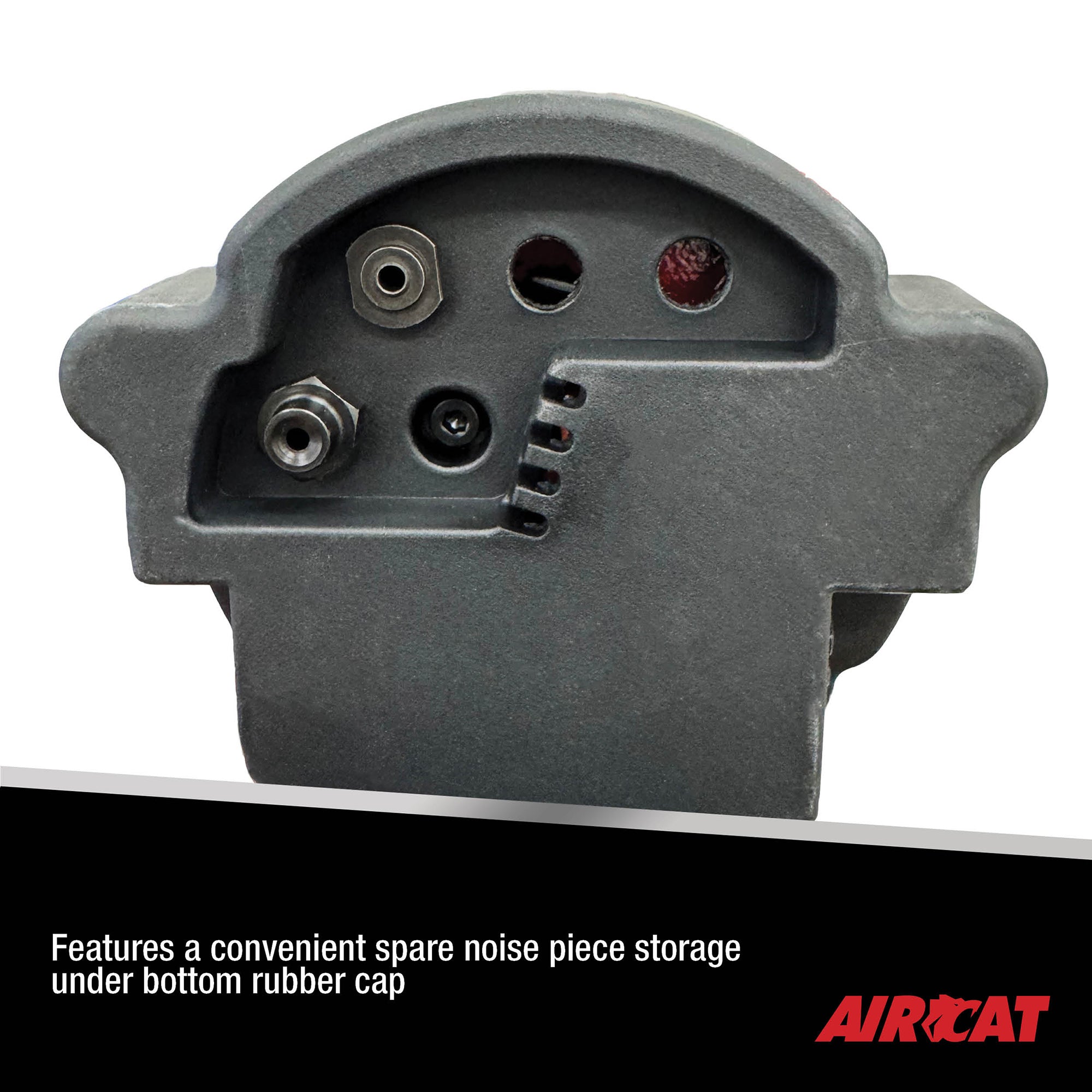 Aircat 6420 Air Hydraulic Riveter bottom view showing spare nose piece storage under rubber cap