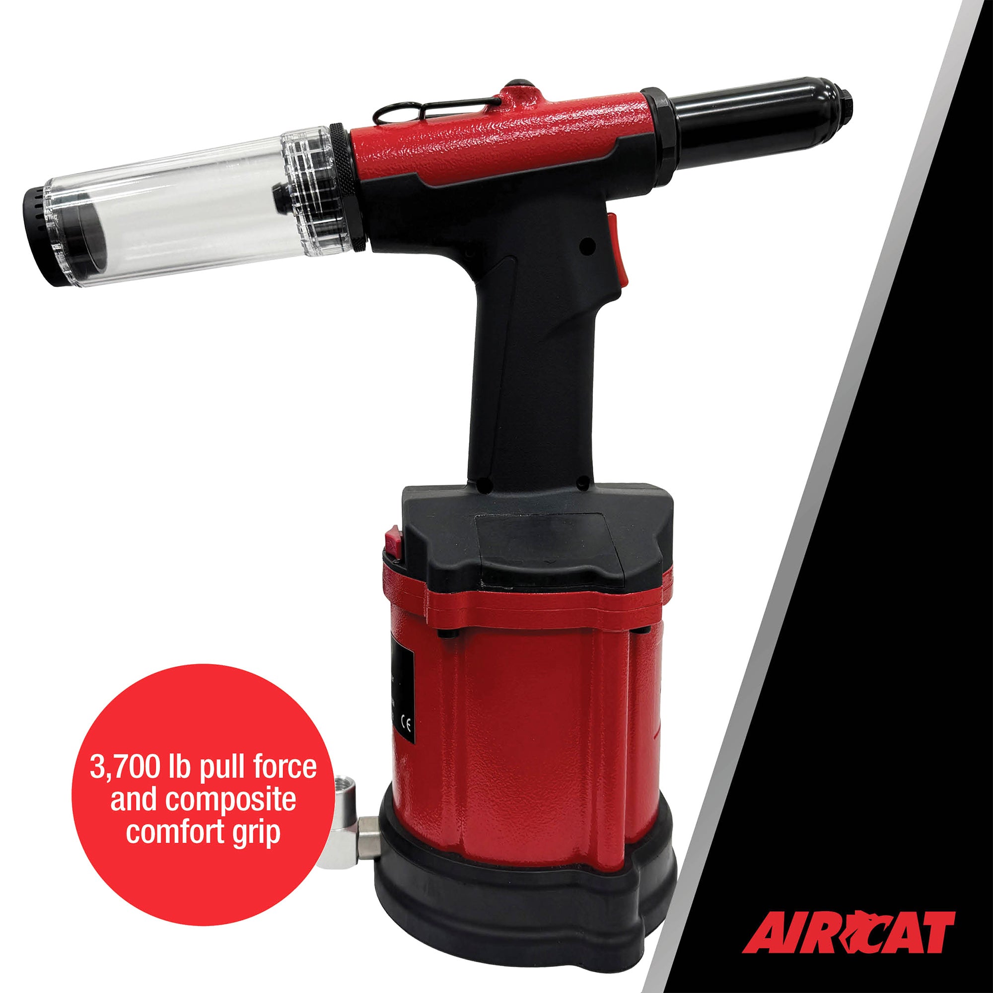 Aircat 6420 Air Hydraulic Riveter angled view - 3700 lb pull force and composite comfort grip callout