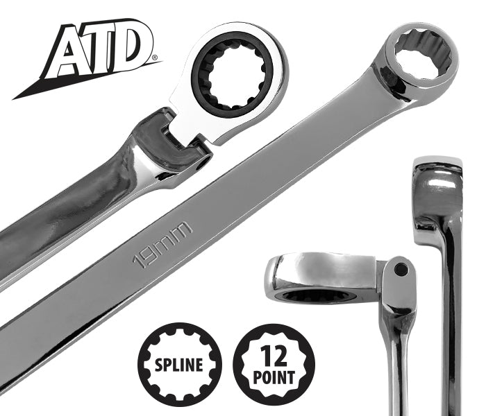 ATD Tools ATD-6510 wrench ends showing spline and 12-point box ends, 19mm size marking