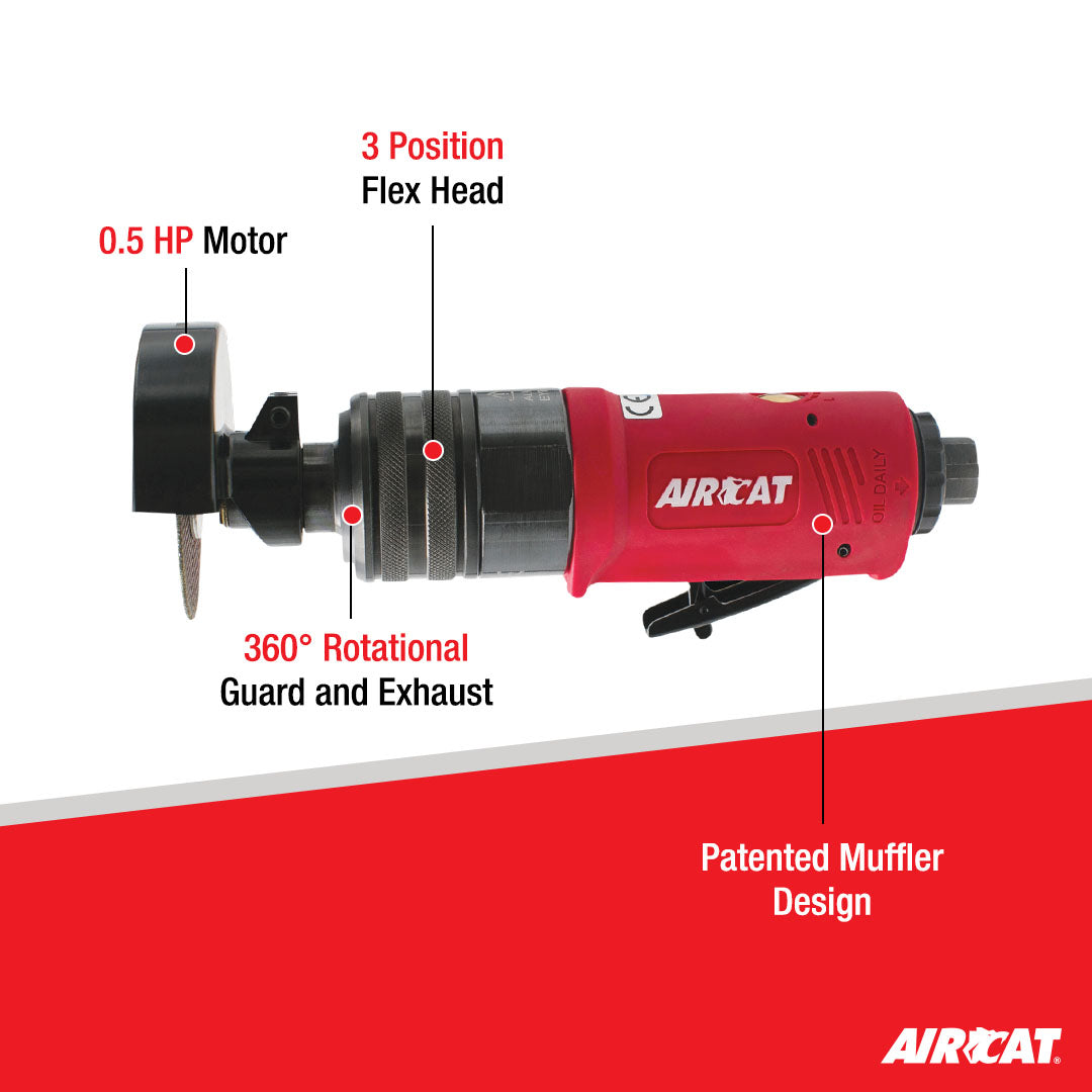 Aircat 6530 Cut-Off Tool labeled diagram: 0.5 HP Motor, 3 Position Flex Head, 360 degree Rotational Guard and Exhaust, Patented Muffler Design