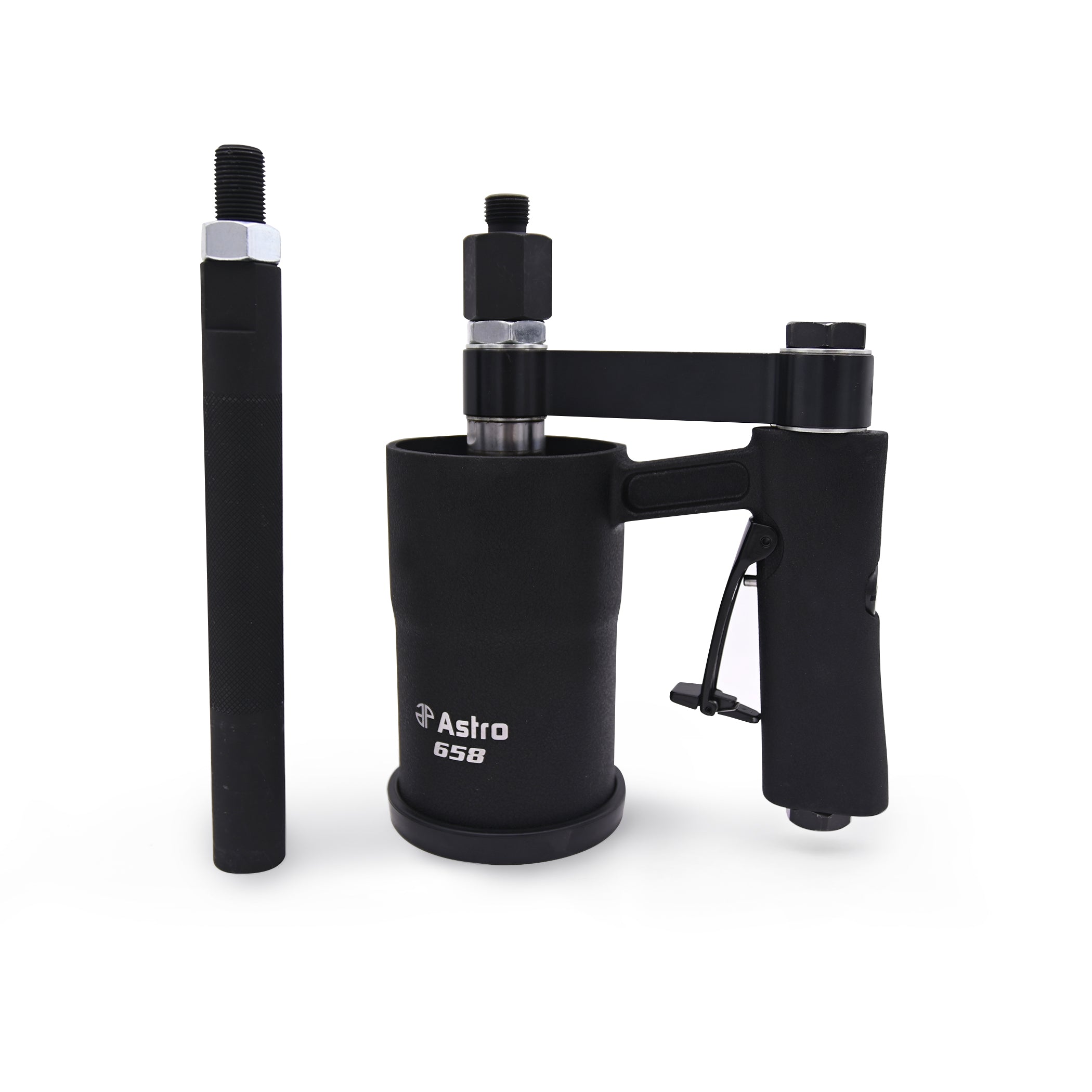 Astro Pneumatic 658 Stubby Air Slide Hammer full product view with extension rod on white background