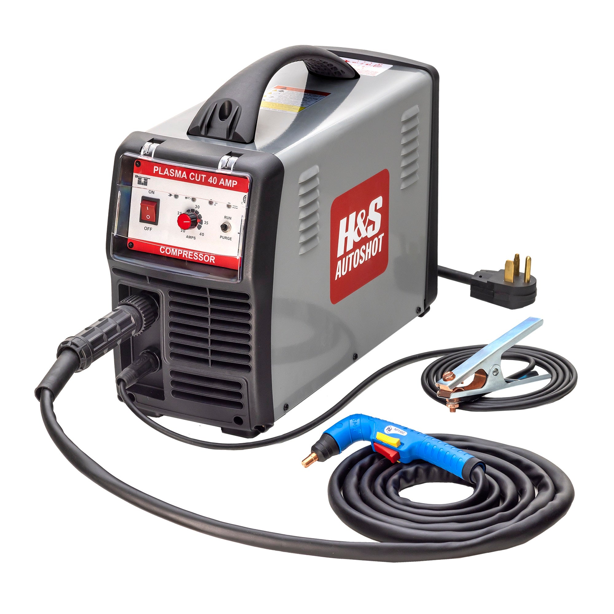 H&S Autoshot HSW-6004C 40-Amp Plasma Cutter with Built-In Compressor, NPT48C Plasma Torch, Earth Clamp Cable, 230V Single-Phase