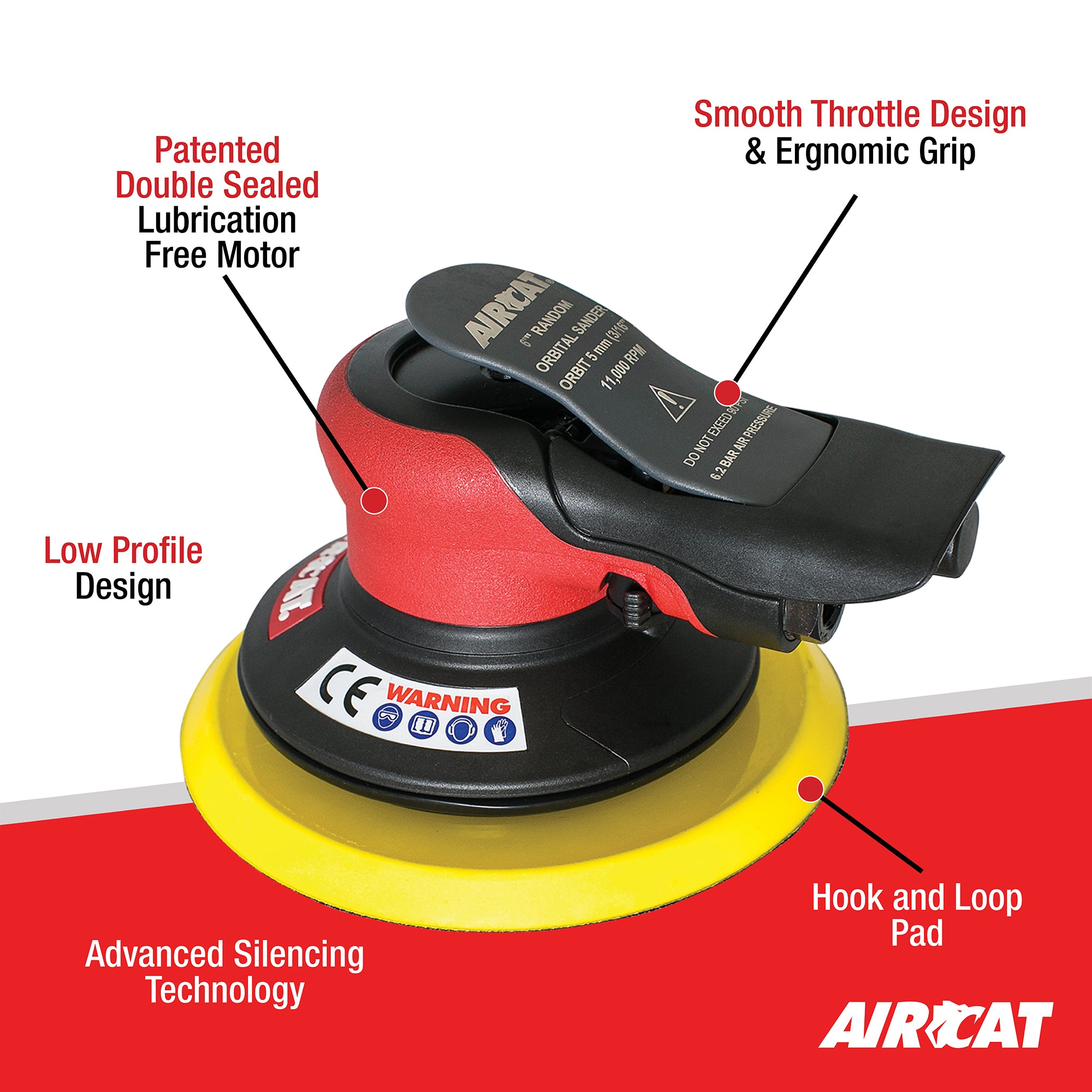 Aircat 6700-6-336 feature callout: patented double sealed lubrication-free motor, smooth throttle, ergonomic grip, low profile design, and hook and loop pad