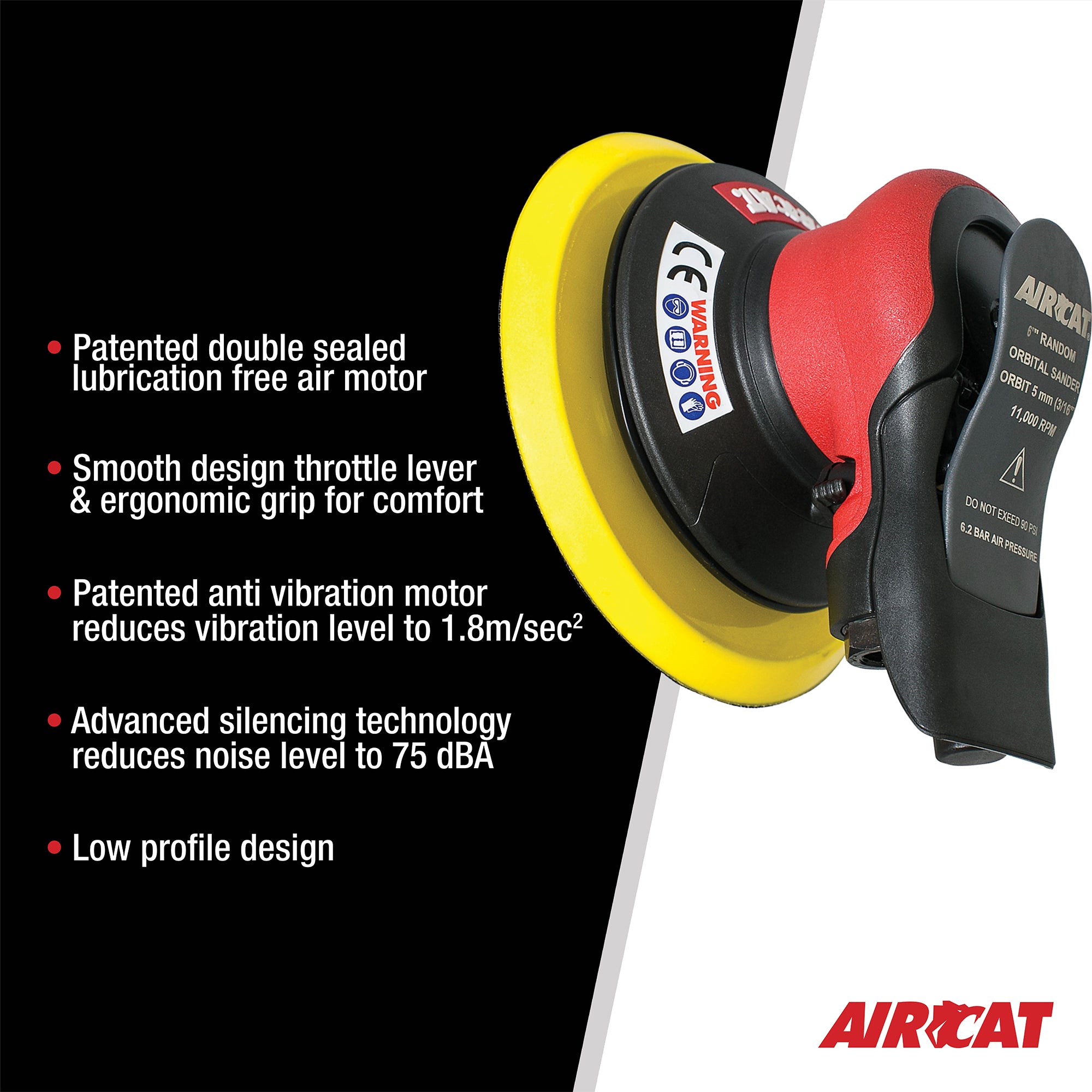 Aircat 6700-6-336 feature highlights: anti-vibration motor, advanced silencing technology at 75 dBA, and low profile design
