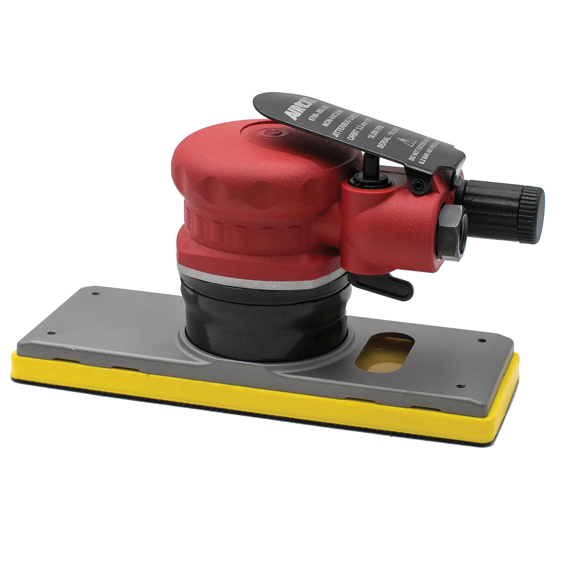 Aircat 6700-JBS-332 Jitterbug Sander with 3/32" orbit, red pneumatic body and yellow rectangle hook and loop pad