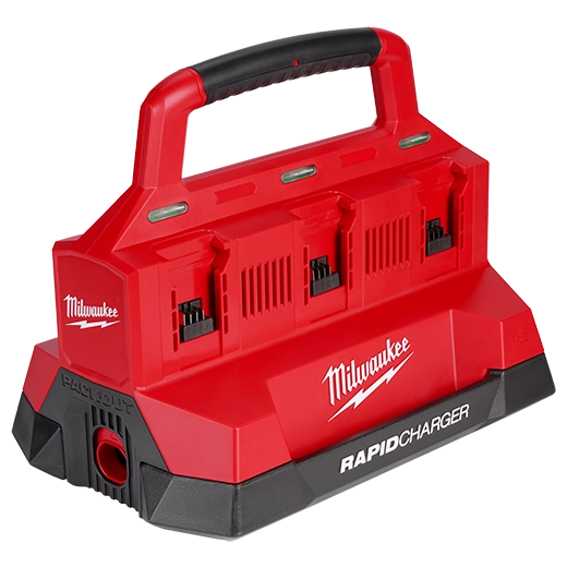 Milwaukee Tool 48-59-1809 M18 PACKOUT Six Bay Rapid Charger - angled view showing six charging bays and carrying handle