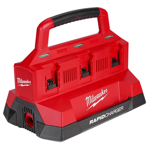 Milwaukee Tool 48-59-1809 M18 PACKOUT Six Bay Rapid Charger - angled view showing six charging bays and carrying handle
