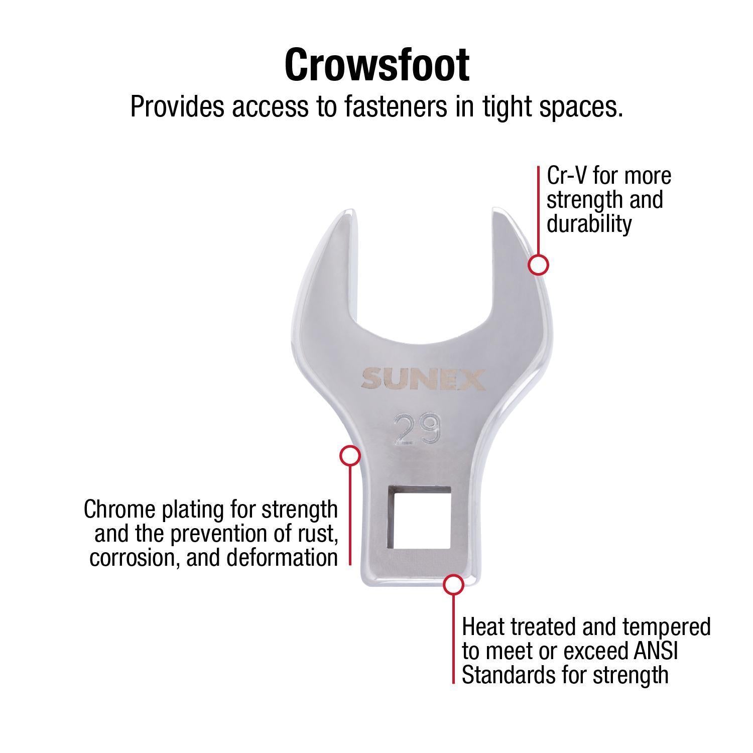 Sunex Tools 9730A Crowfoot Wrench feature callout showing Cr-V steel, chrome plating, and ANSI heat treatment