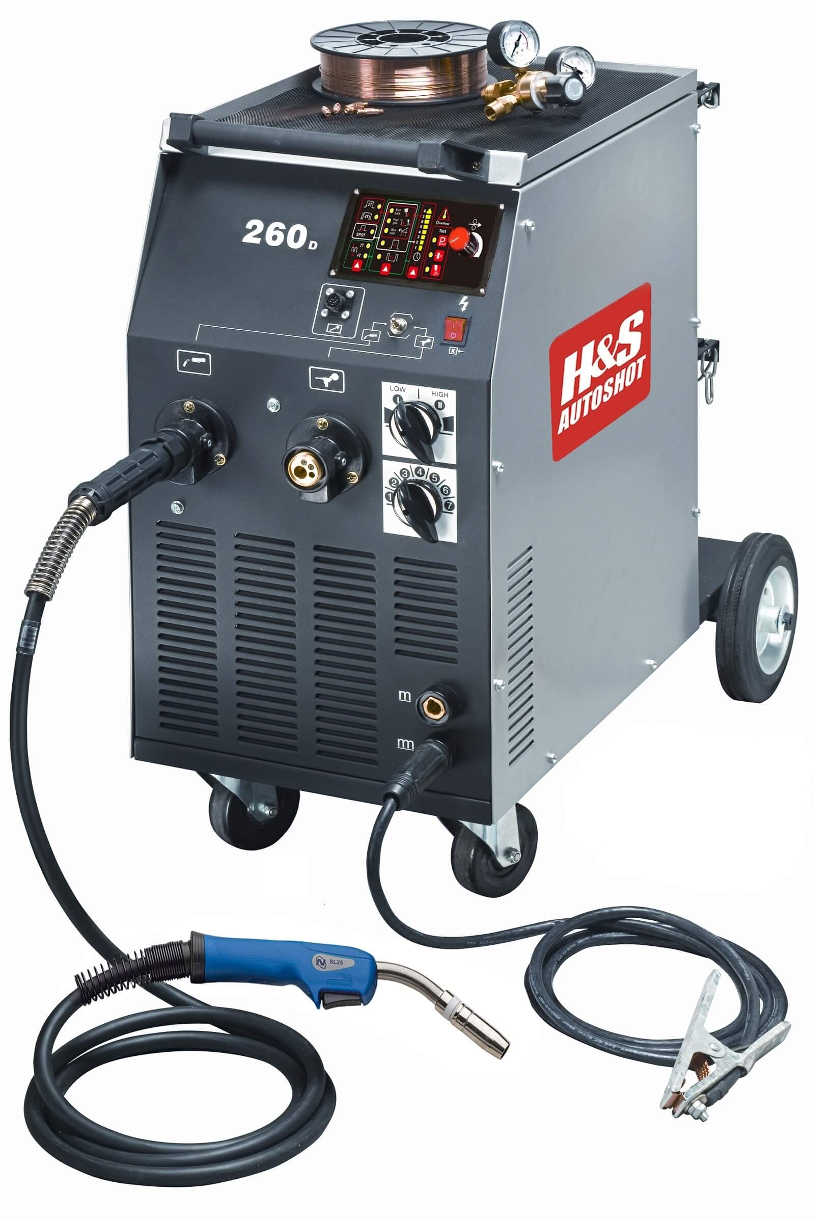 H&S Autoshot HSW-6260 260D 250A Dual MIG Welder 230V with MIG gun, aluminum spool gun, earth clamp cable, and wire spool on wheels