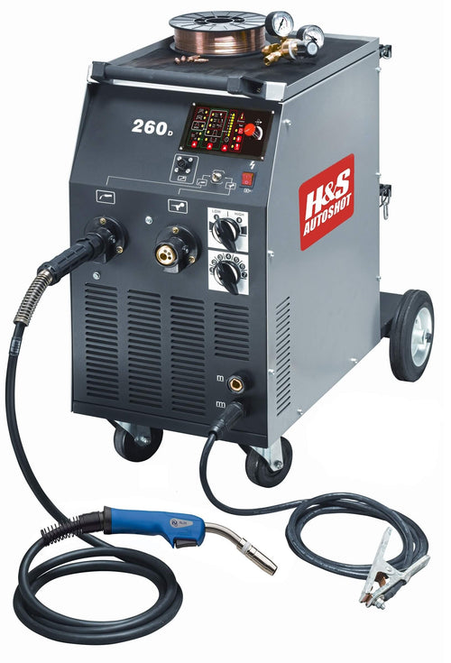H&S Autoshot HSW-6260 260D 250A Dual MIG Welder 230V with MIG gun, aluminum spool gun, earth clamp cable, and wire spool on wheels
