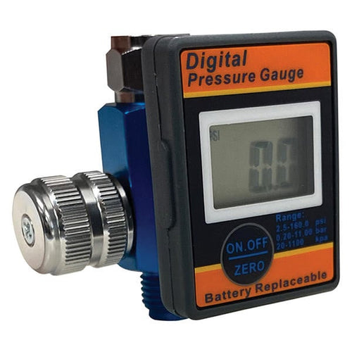 ATD Tools 6825 Digital Air Pressure Regulator with large LCD display, ON/OFF/ZERO button, and 1/4" swivel nut fitting, up to 160 PSI