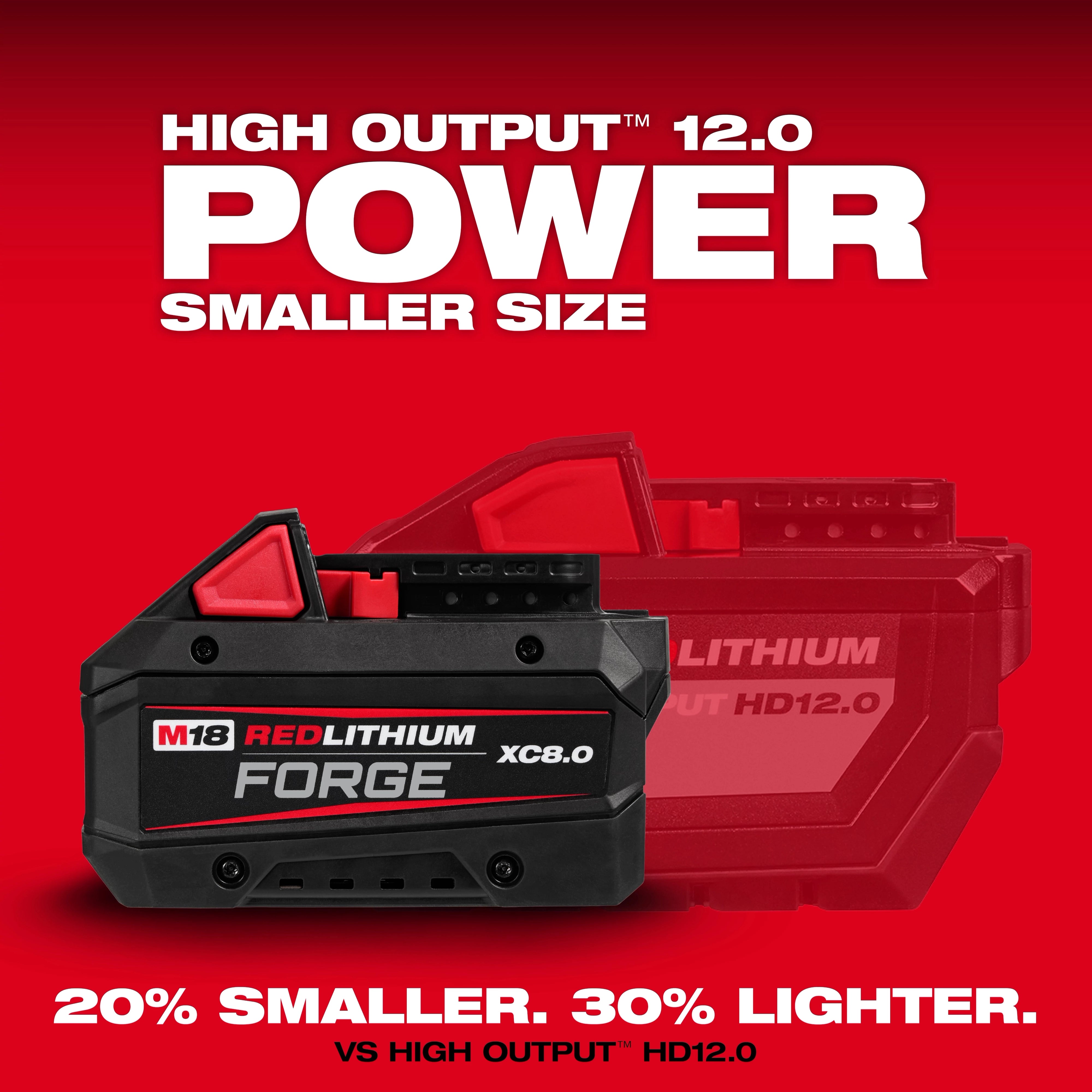 Milwaukee Tool M18 REDLITHIUM FORGE XC8.0 size comparison vs HIGH OUTPUT HD12.0 - 20% smaller and 30% lighter