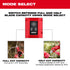 M12 Brushless Pruning Shears mode select infographic showing full 1-1/4 inch and half 5/8 inch cut capacity modes